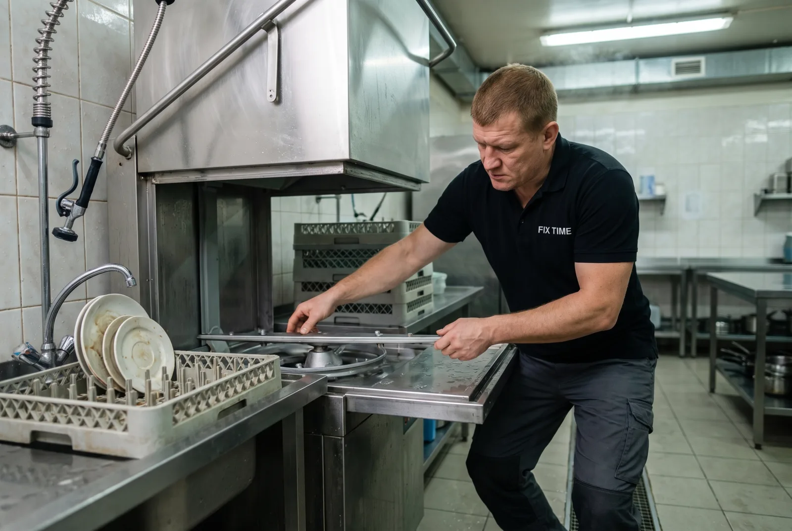 Technician repairing a door-type commercial dishwasher in a restaurant dish pit