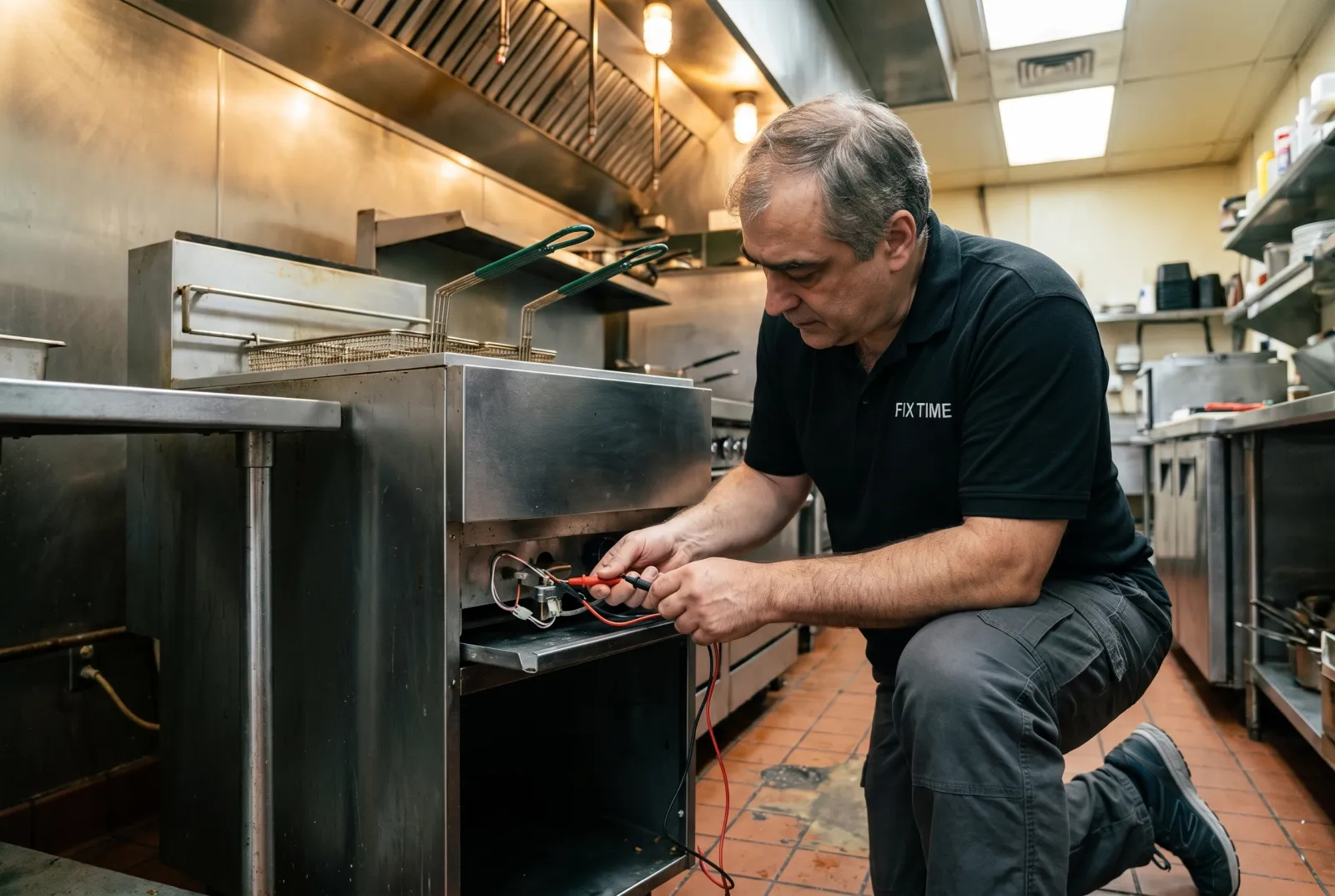 Technician testing the thermostat on a commercial gas fryer