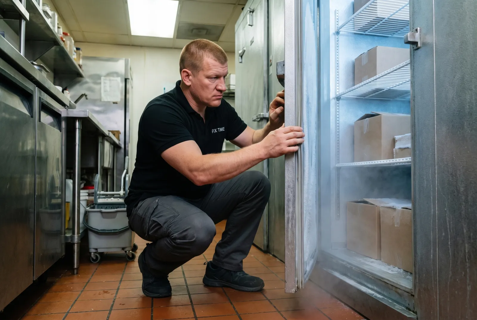 Technician checking a commercial freezer door gasket in a restaurant