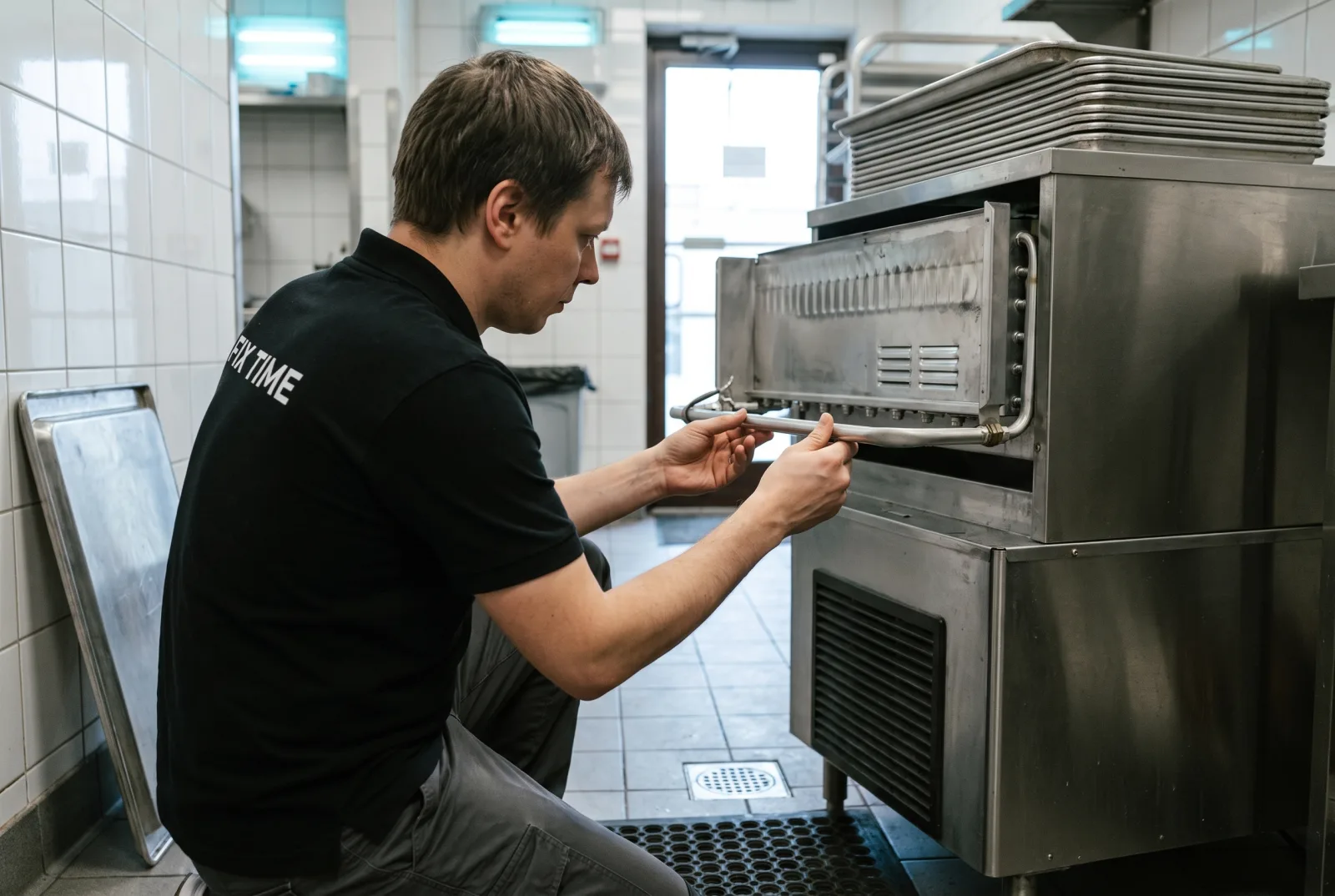 Technician servicing a commercial ice machine in a restaurant kitchen