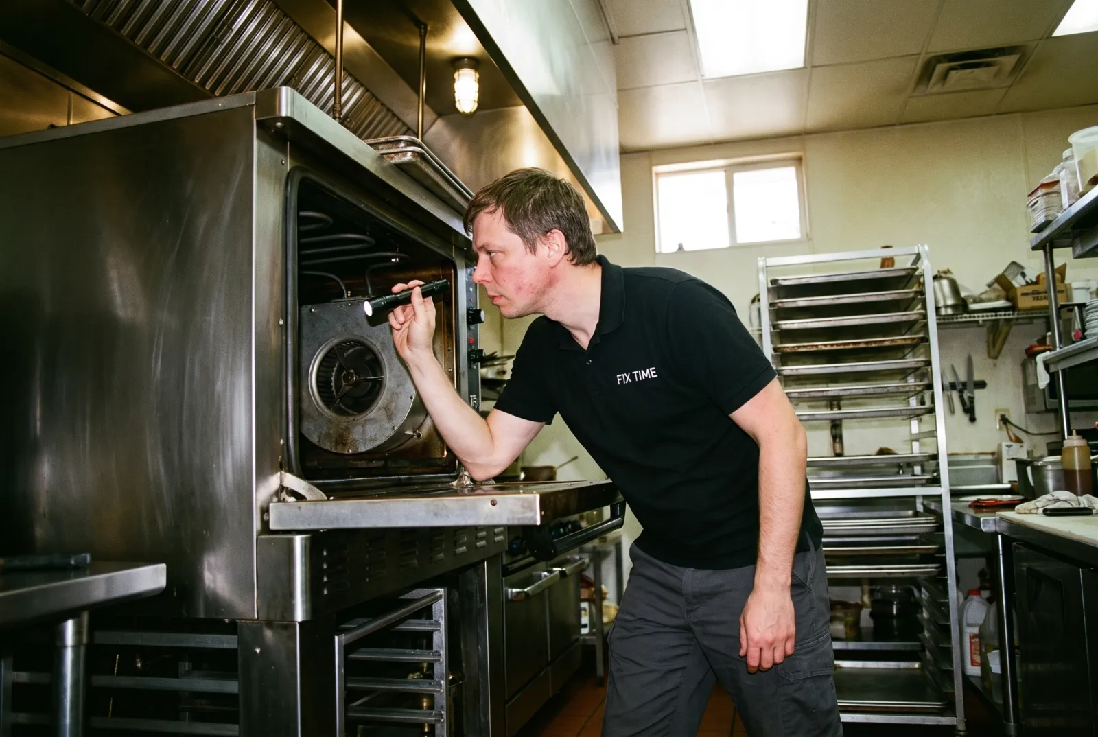 Technician servicing a commercial convection oven in a restaurant kitchen