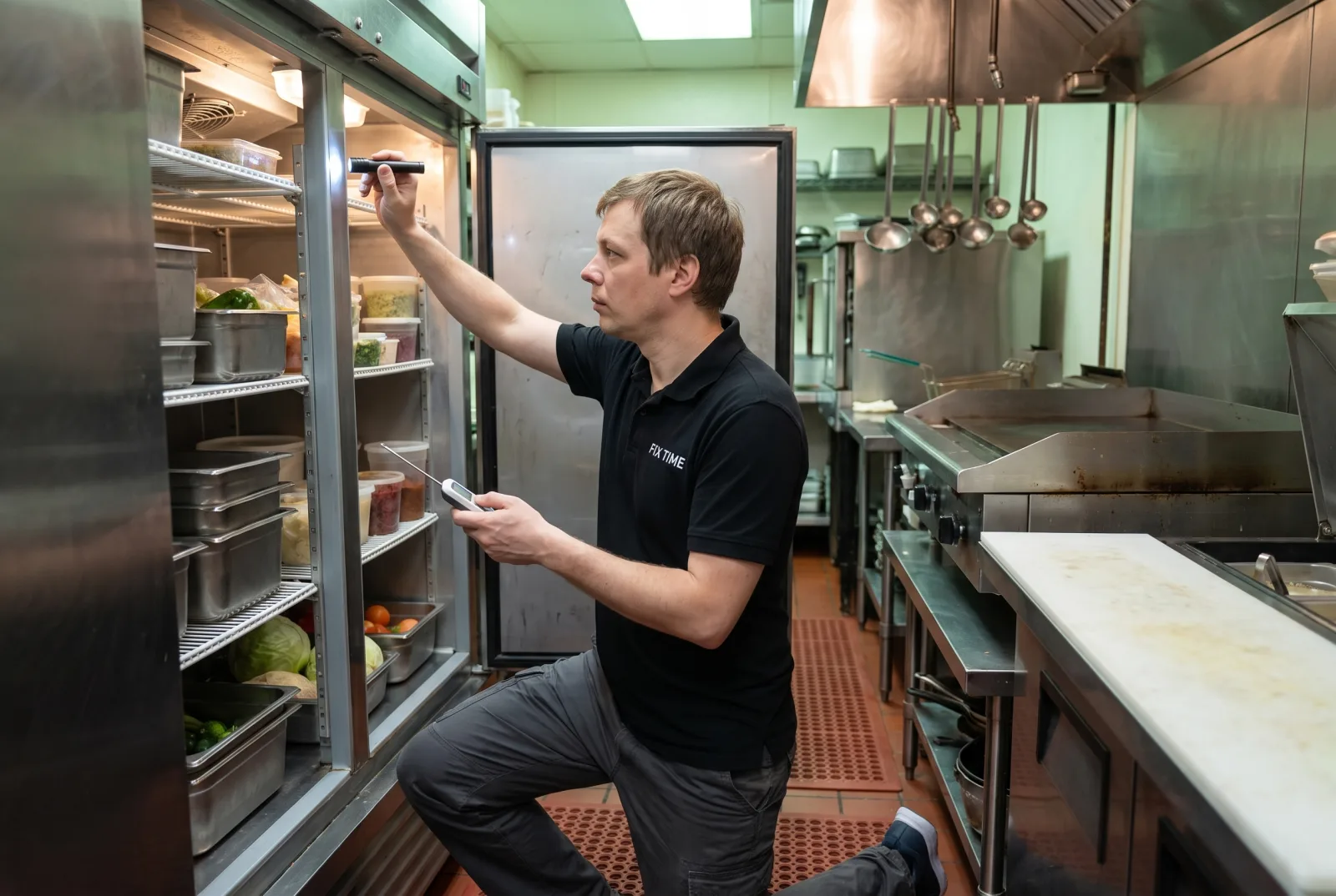 Technician checking a two-door reach-in refrigerator with the door open on a commercial kitchen line