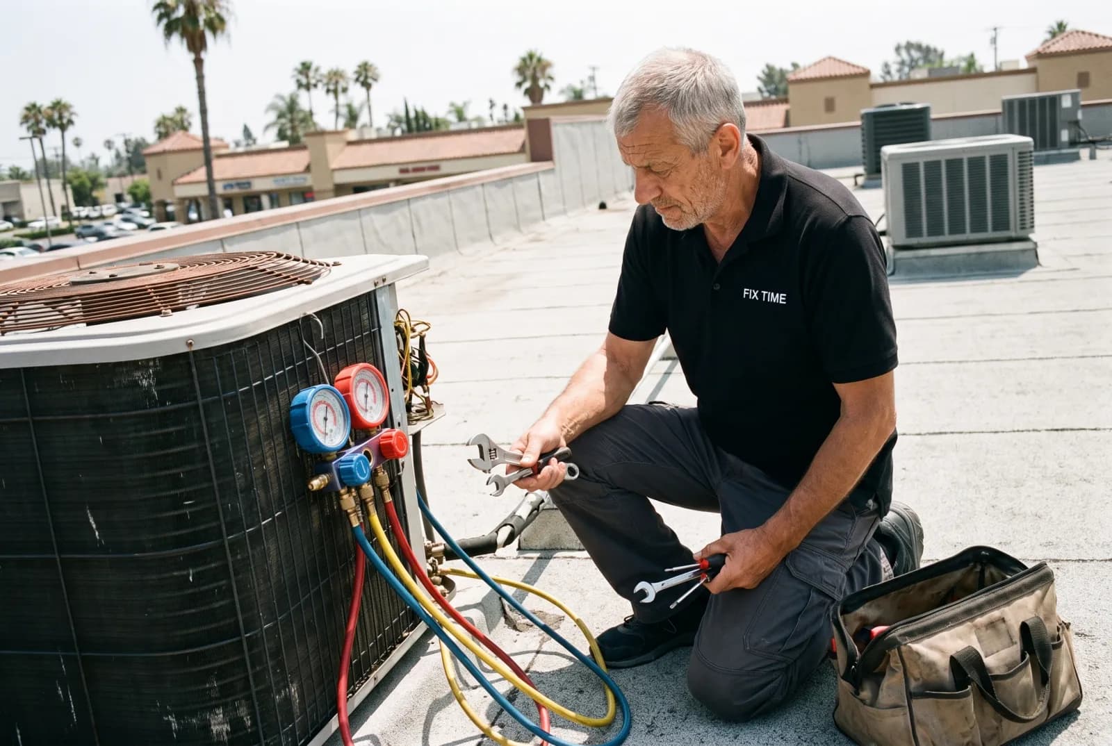 Technician diagnosing a walk-in cooler condensing unit on a store rooftop in Santa Clarita